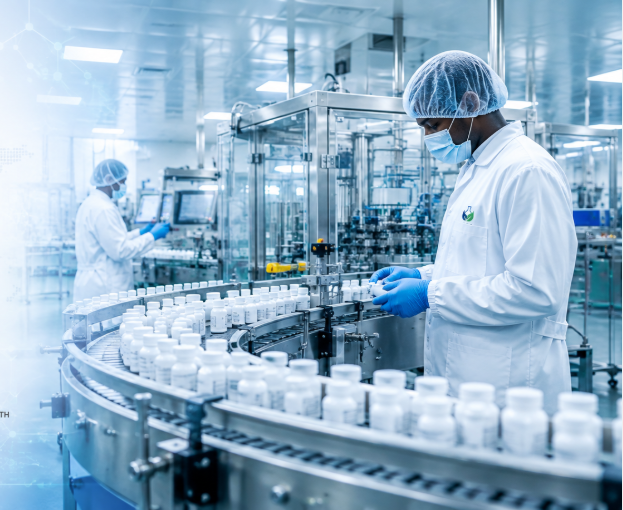 Pharmaceutical production line with staff monitoring bottle filling operations